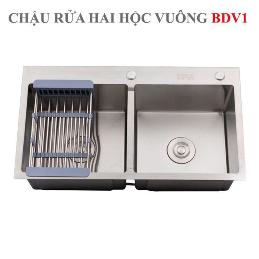 Chậu rửa inox Hwata hai hộc vuông BDV1 1 Chậu rửa inox Hwata hai hộc vuông BDV1